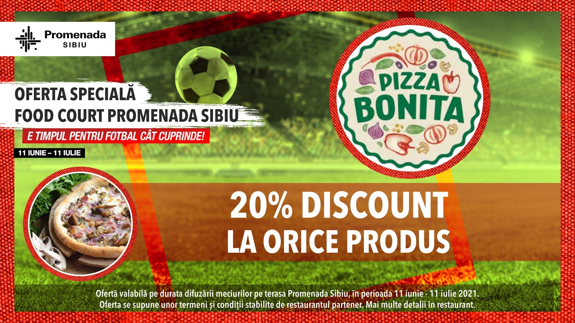 Între 11 iunie -11 iulie, cele mai importante meciuri de fotbal ale anului vin în direct pe terasa Promenada Sibiu