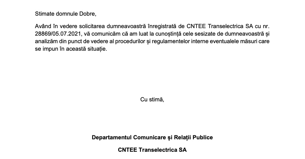 Al doilea control de la București la Transelectrica Sibiu, în câteva luni, pentru angajații care folosesc mașinile instituției în scop privat