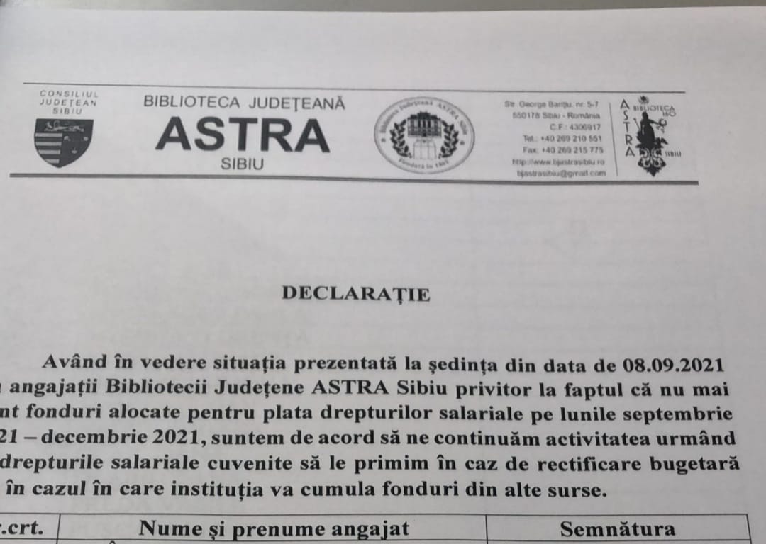 Soluție pentru angajații Bibliotecii ASTRA: Lucrați fără bani până facem noi rost. Instituția a rămas oficial fără buget de salarii