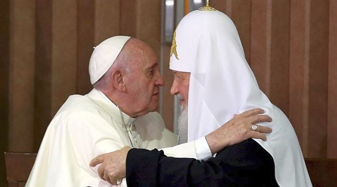 Pope Francis and Russian Orthodox Patriarch Kirill hug each other after signing agreements in Havana