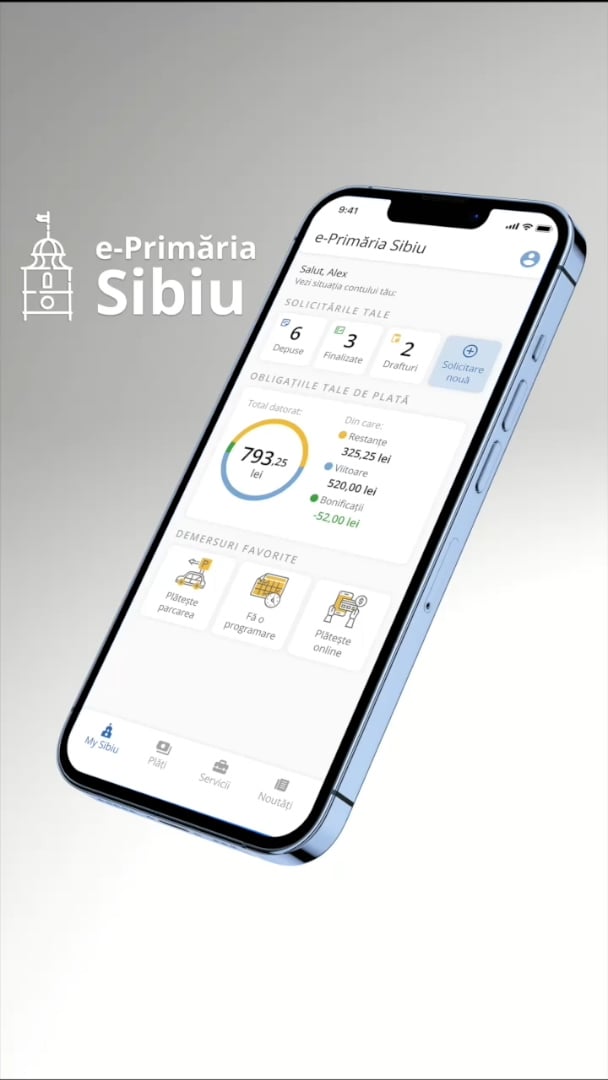 Aplicația mobilă e-Primăria Sibiu este disponibilă gratuit în Google Play și App Store: se pot face plăti, depunere de solicitări și programări