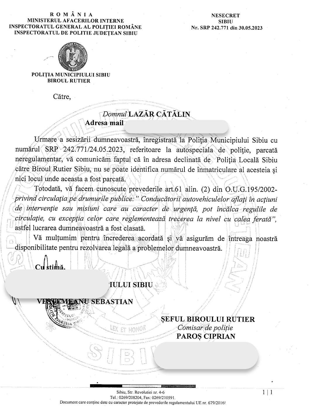 Poliția, sesizată despre o parcare neregulamentară a propriilor angajați: „nu se poate identifica numărul de înmatriculare și nici locul unde a fost parcată”
