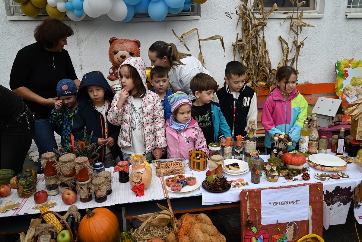 Bogățiile toamnei au fost adunate într-un bazar colorat la Grădinița „Căsuța Poveștilor” din Sibiu. Din banii strânși copiii vor primi un leagăn pentru locul de joacă