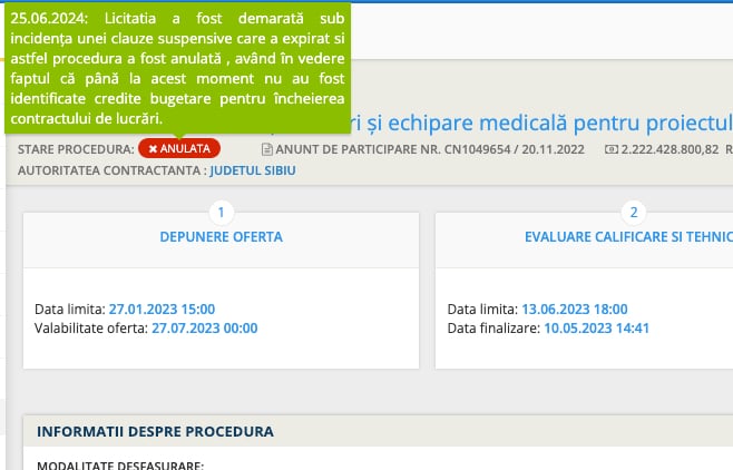 Oficial: CJ Sibiu a anulat licitația prin care a atribuit contractul de construire a unui nou spital județean