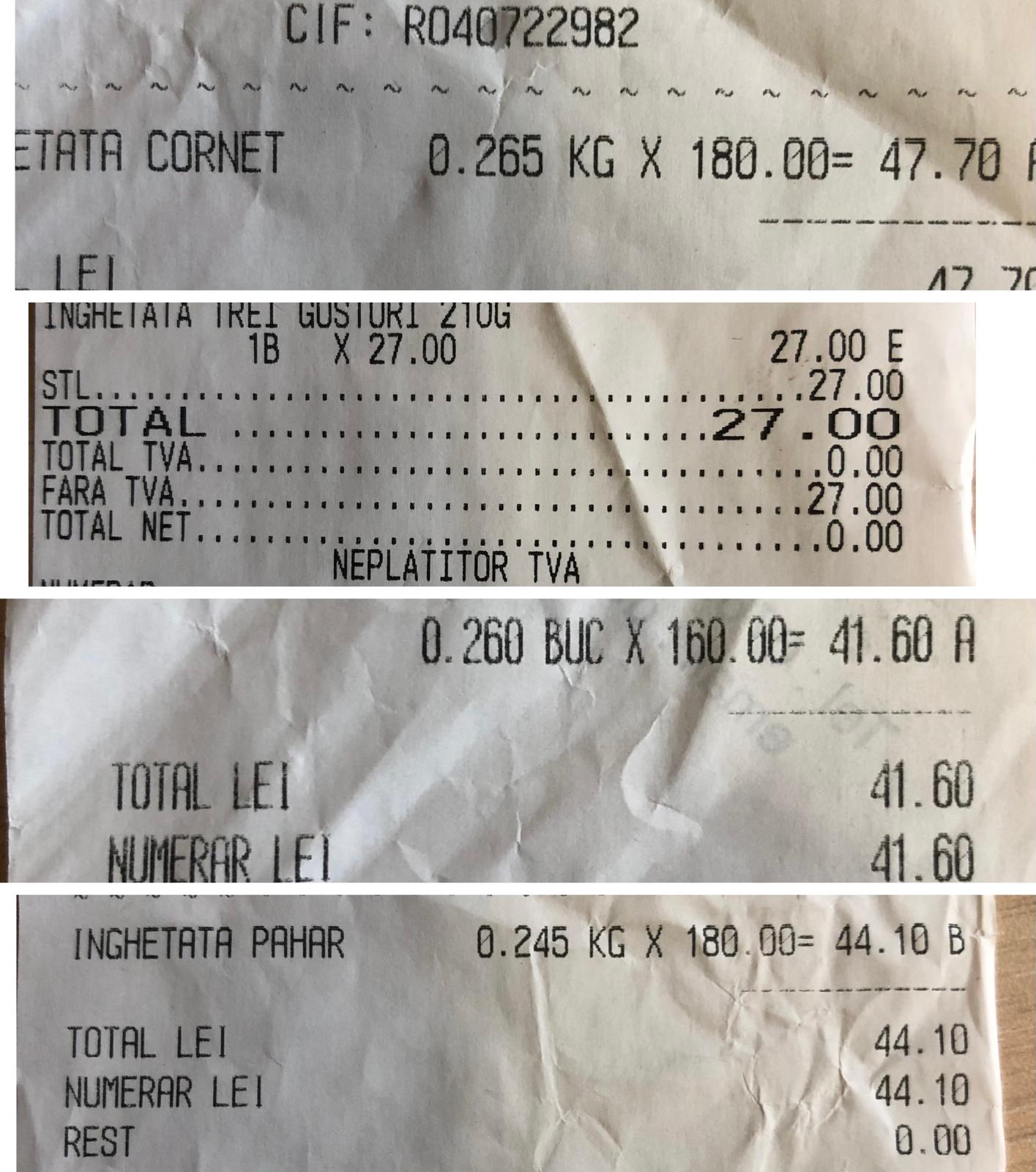 Cântarul, capcana de la vitrinele de înghețată din centrul Sibiului. Am plătit aproape 50 de lei pe trei cupe de înghețată