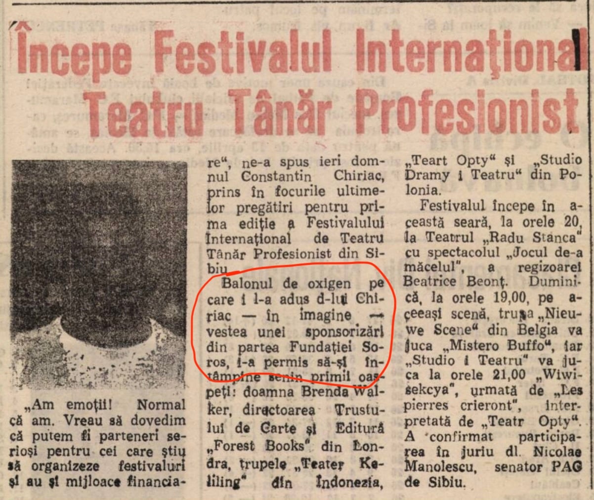 Festivalul de Teatru a început la Dârlos și întreprinderea Independența. Istoria neromanțată a FITS cu executori, juriu și bani de la Soros