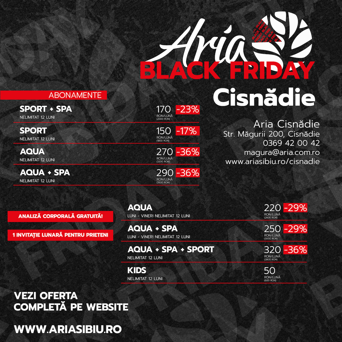 Nu rata Black Friday la Aria Sibiu și Aria Cisnădie – Prețuri explozive începând de la 150!
