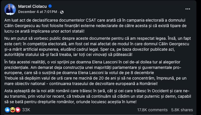 Primarul PSD din Cârțișoara îndeamnă la vot pentru Călin Georgescu. „Nu este un mesaj transmis pe linie de partid”