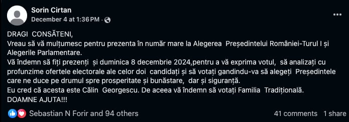 Primarul PSD din Cârțișoara îndeamnă la vot pentru Călin Georgescu. „Nu este un mesaj transmis pe linie de partid”