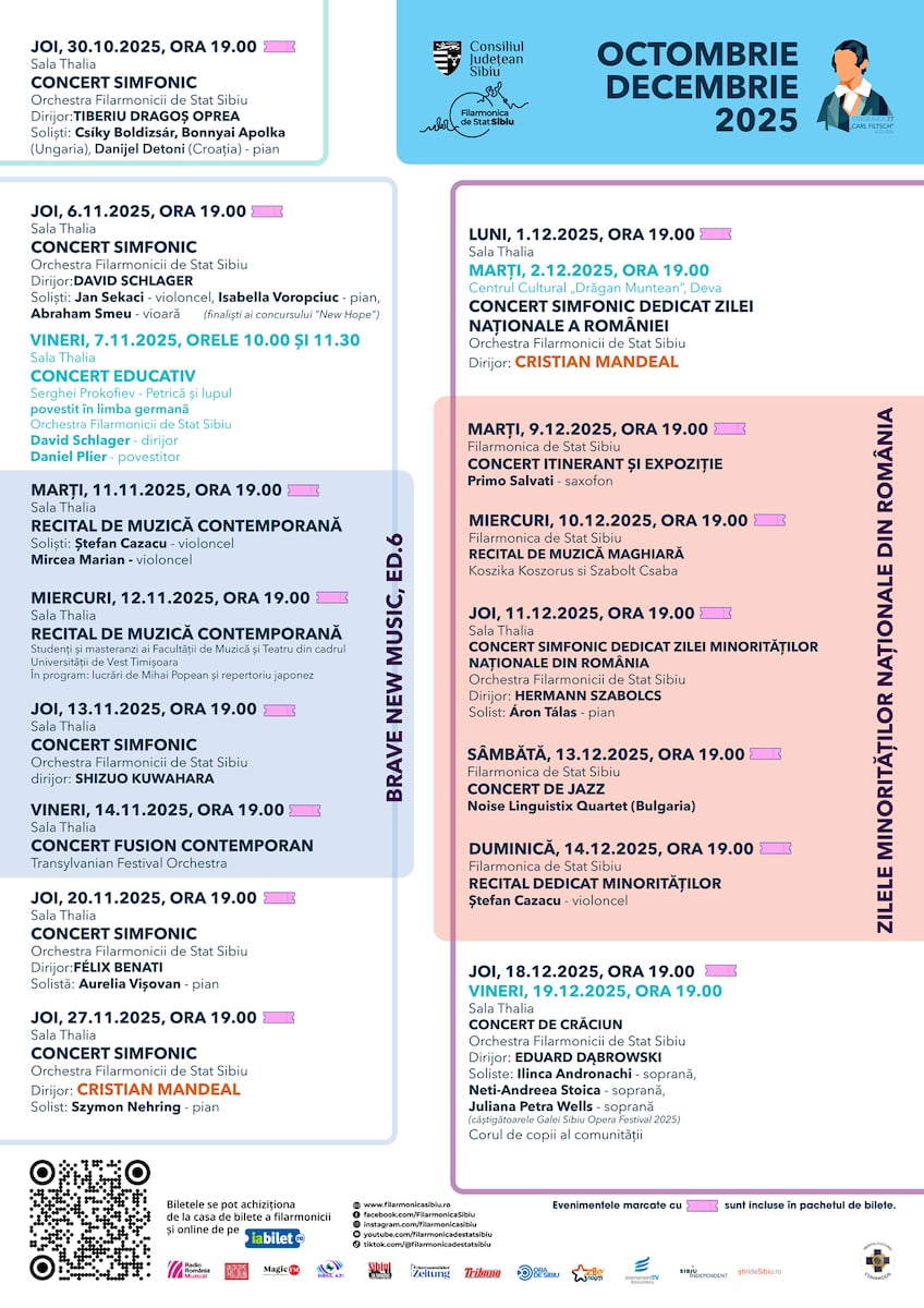 Filarmonica de Stat Sibiu pune în vânzare biletele pentru trimestrul I al stagiunii 2025/2026. Joia viitoare publicul este invitat la un concert cu trei piane pe scena Sălii Thalia și o expoziție de instrumente muzicale