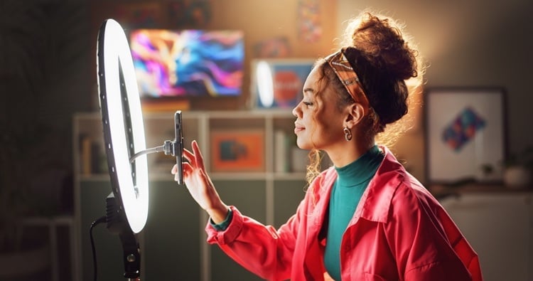 Woman,,Influencer,And,Phone,With,Ring,Light,For,Video,Recording,