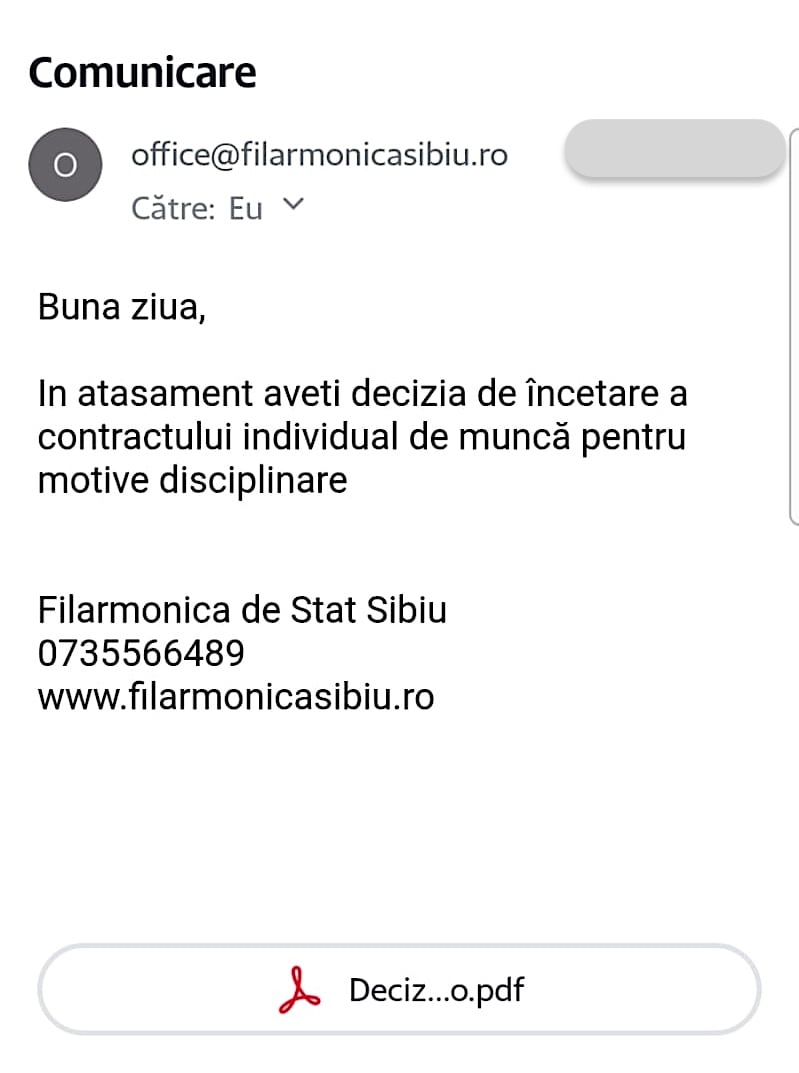 Alți patru instrumentiști ai Filarmonicii de Stat Sibiu au fost concediați. Toți erau membri de sindicat, iar decizia le-a fost comunicată prin mail. DNA a deschis o cercetare penală
