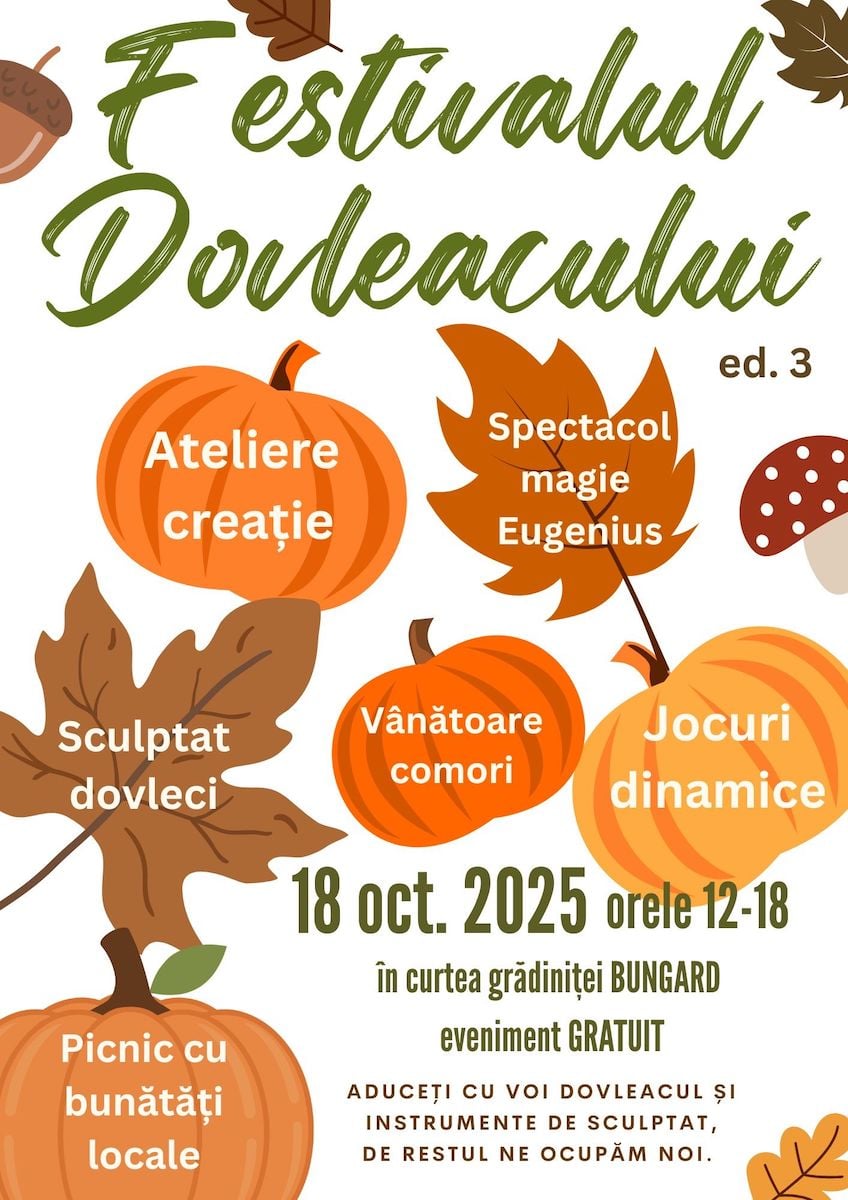 Festivalul Dovleacului, sâmbătă, la grădinița din Bungard: spectacol de magie, vânătoare de comori, ateliere de creație