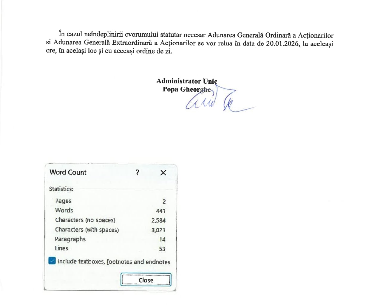 Convocarea adunării generale ordinare și extraordinare a asociaților nr. 1/26.11.2025