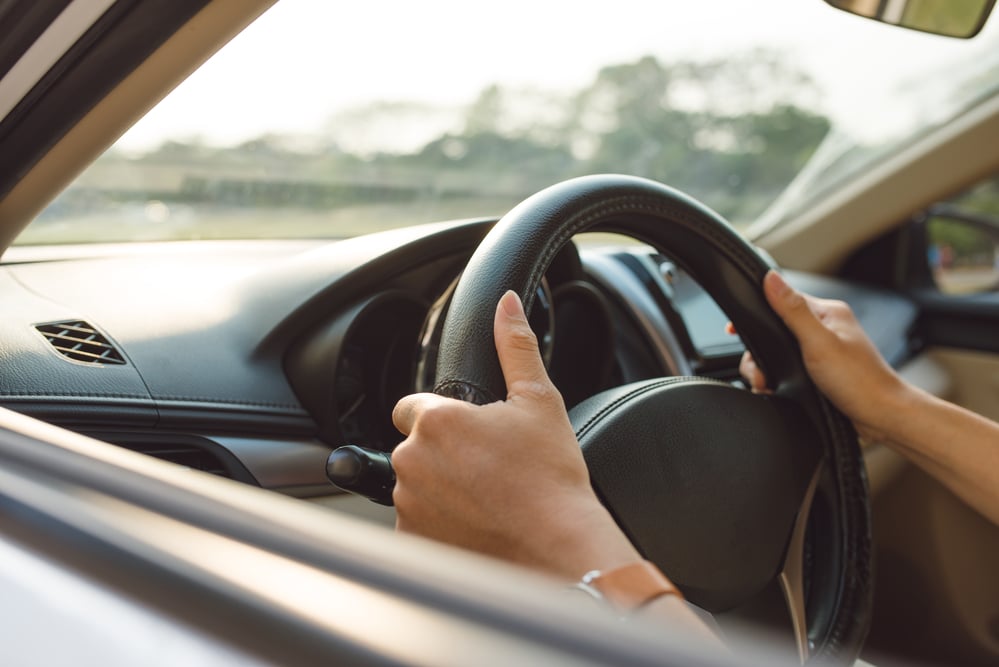 male hands on steering wheel on the right with country side view