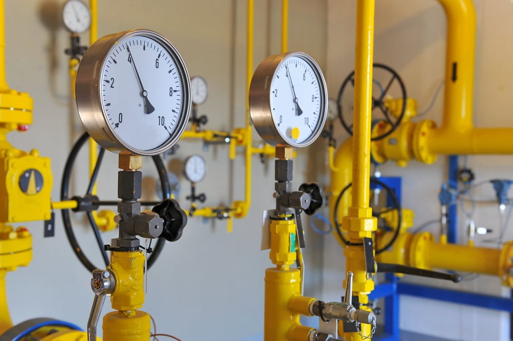Closeup of pressure meter on natural gas pipeline