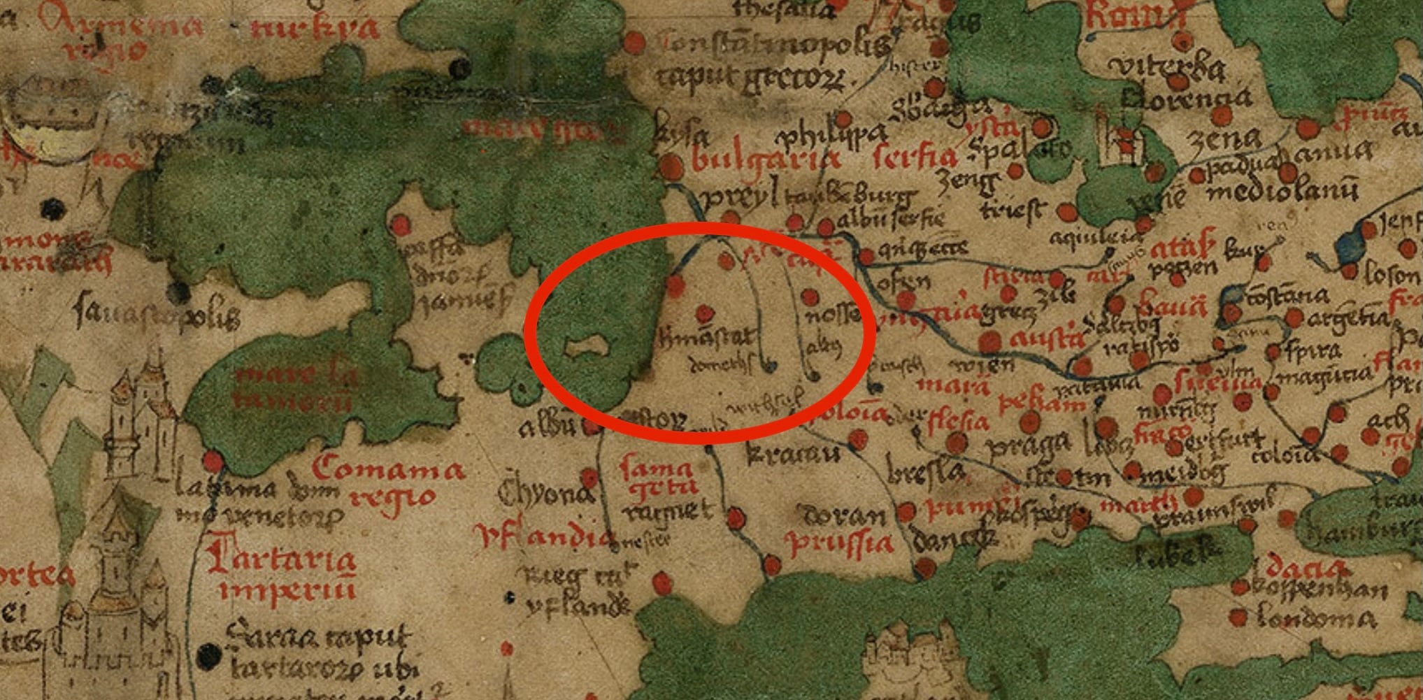 O hartă a Sibiului, din 1699, expusă la Muzeul Național al Unirii din Alba Iulia. Prima plasare a orașului pe o hartă a fost făcută acum 577 de ani și plasa Sibiul lângă Marea Neagră