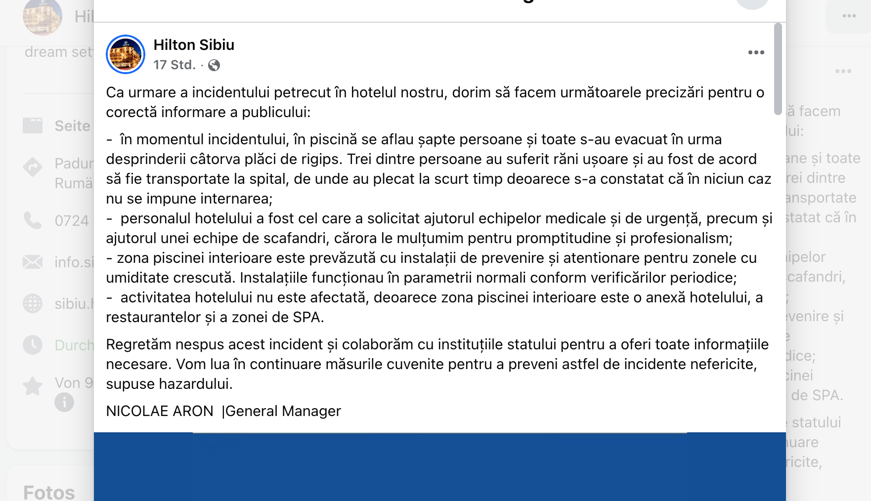 ISU Sibiu, precizări după comunicatul conducerii Hotelului Hilton: Intervenția a fost dispusă de către ISU Sibiu pentru verificarea completă a zonei afectate și nu reprezintă o acțiune solicitată de operatorul economic
