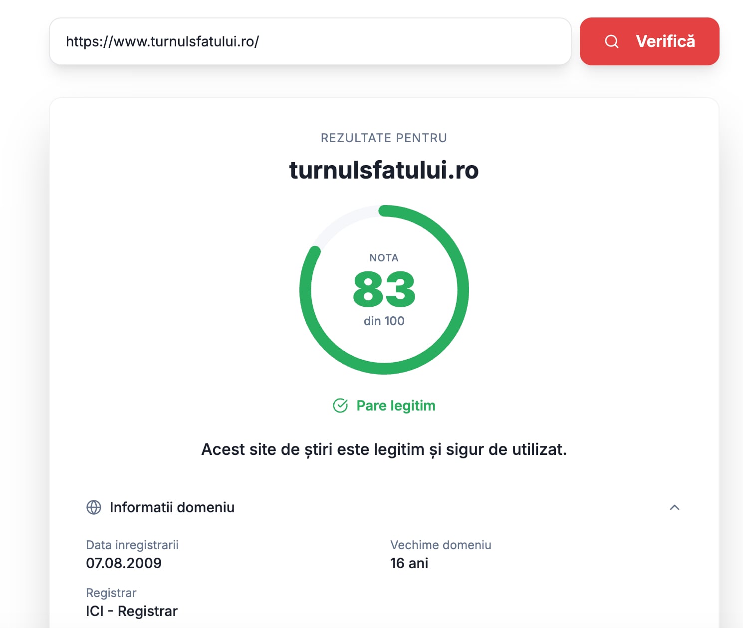 Test site fals. Foto: Turnulsfatului.ro