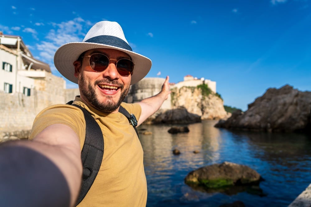 Tourist,Taking,A,Selfie,In,Front,Of,The,Walled,City