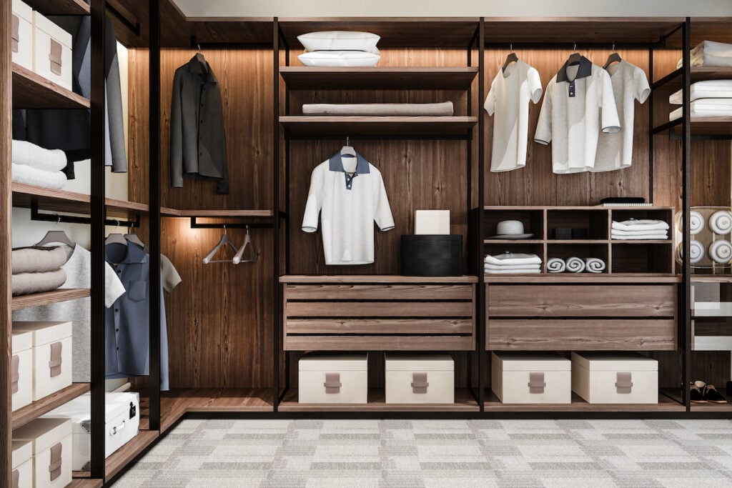 3d rendering minimal scandinavian wood walk in closet with wardrobe