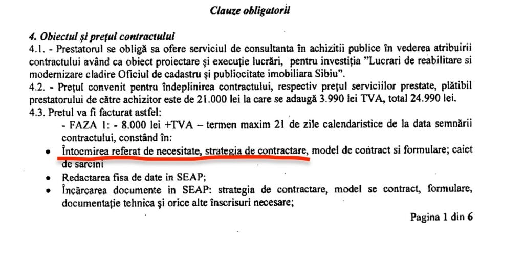 Actele imputate persoanei trimisă în fața comisiei de disciplină erau în responsabilitatea unei firme angajate de OCPI Sibiu în acest sens. Sursa: contract semnat cu Managu SRL