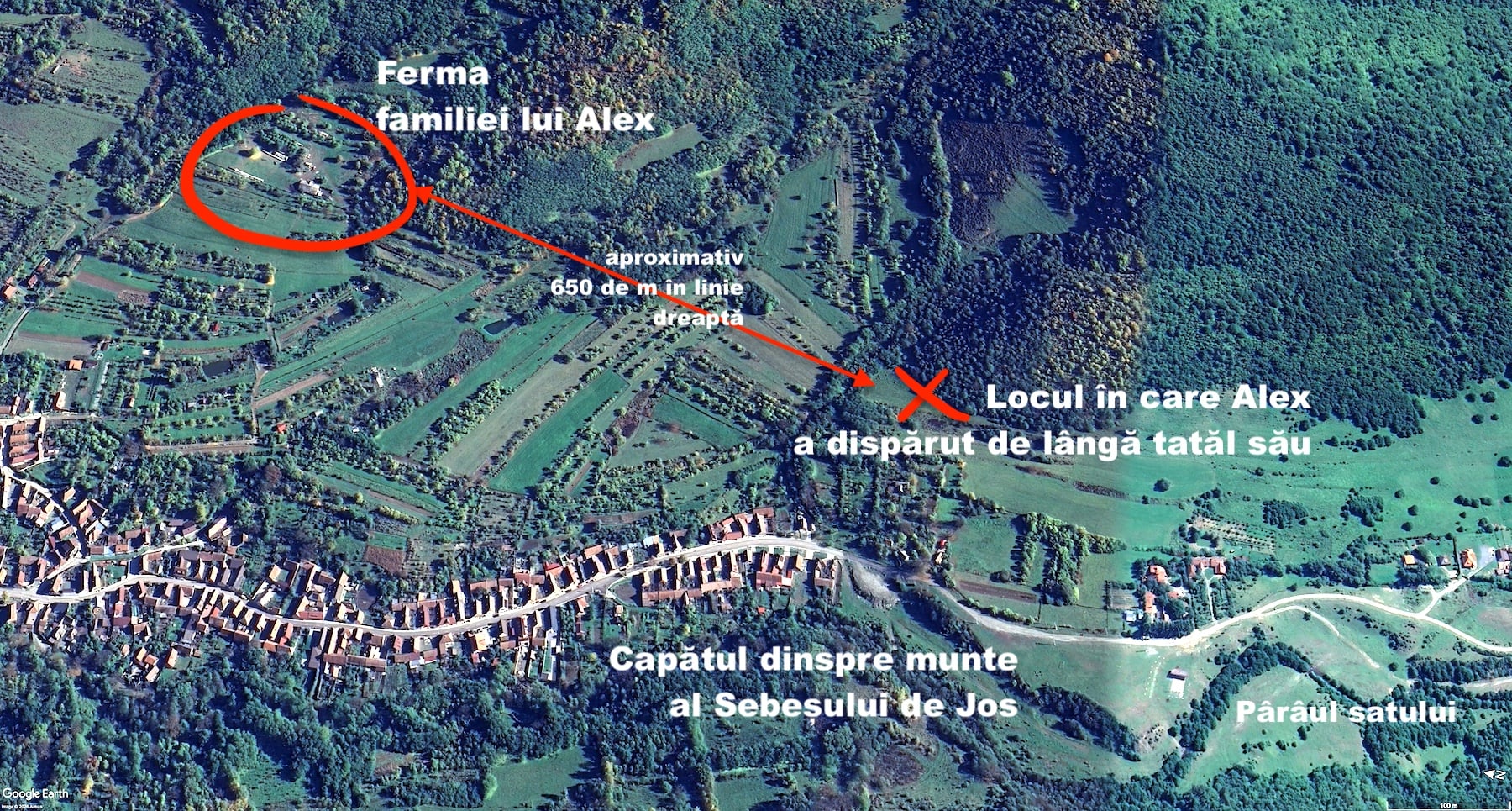 Locul în care a dispărut Alexandru Zerestea. Sursa simulării: turnulsfatului.ro pe o imagine preluată de pe Google Earth