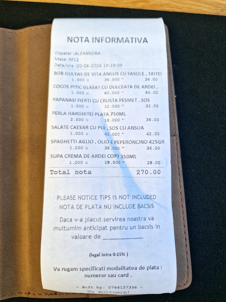 Nota primită după ce am mâncat la Serata. Foto: turnulsfatului.ro