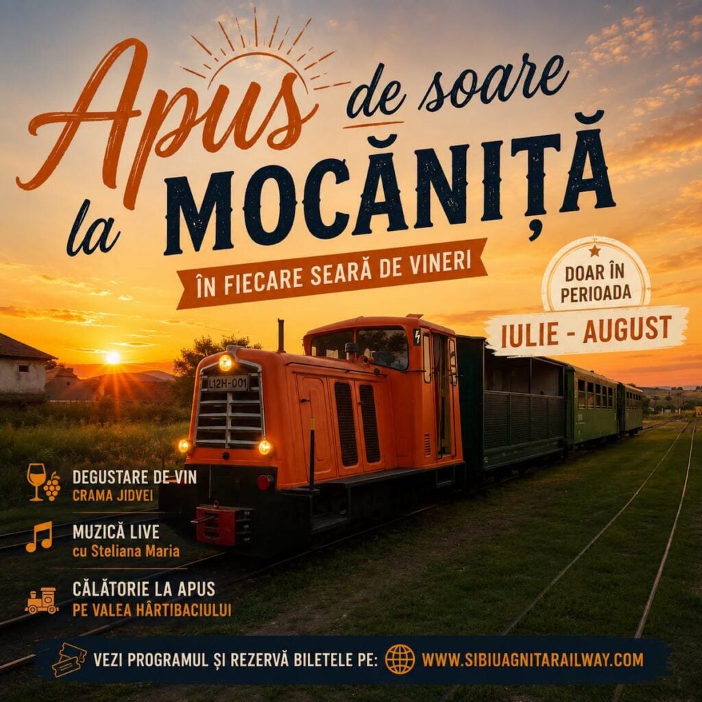 Apus de soare văzut din mocăniță/Foto: Asociația Prietenii Mocăniței/Facebook
