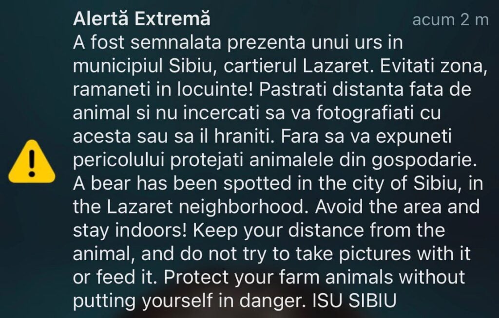 Mesajul de tip Ro-Alert a fost emis la ora 21:15 a zilei de miercuri. Foto: ISU Sibiu