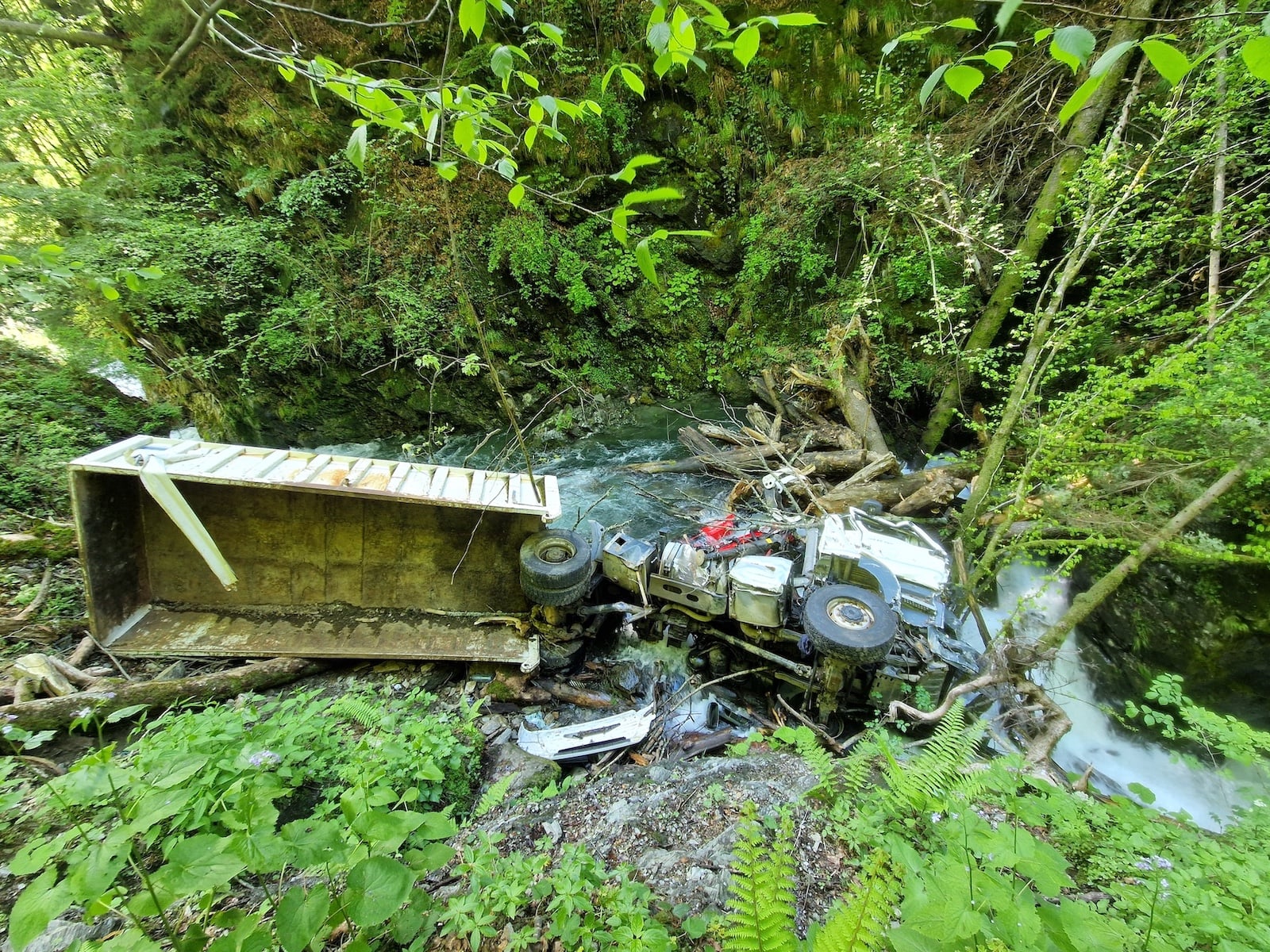 Camionul Ocolului Silvic Arpașu a stat mai bine de șase luni în apa folosită pentru alimentarea a patru localități. Foto: turnulsfatului.ro