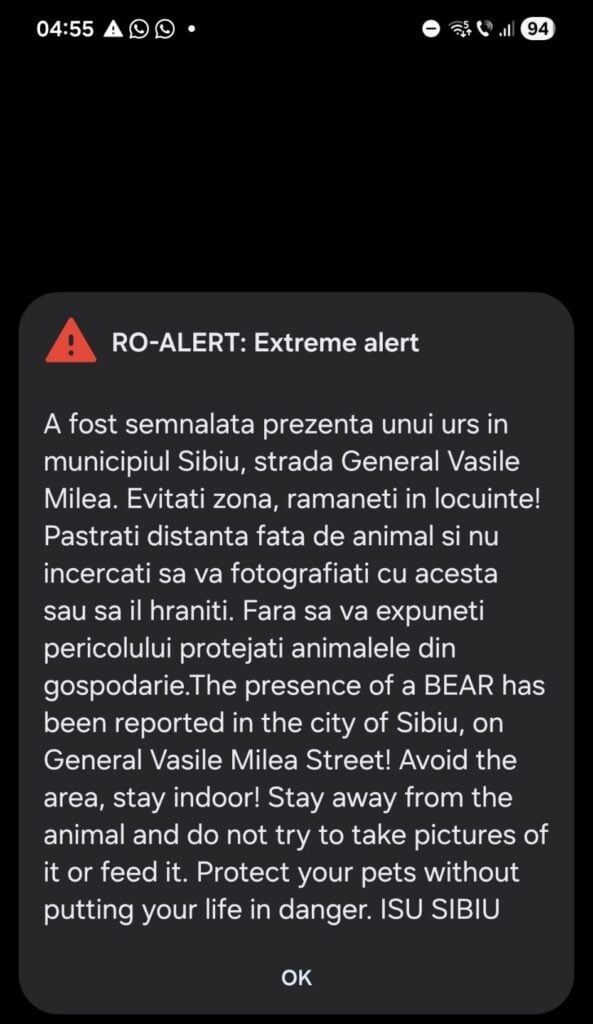 Mesajul a fost emis cu cinci minute înainte de ora 05:00. Foto: captură turnulsfatului.ro