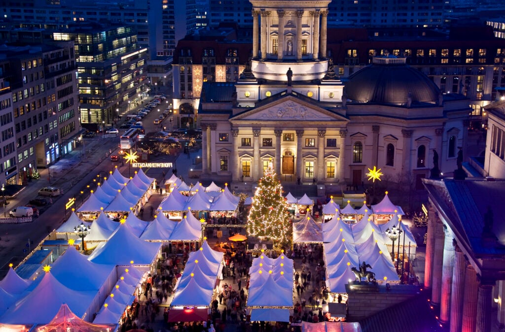 christmas market on berlin gendarmenmarkt at night