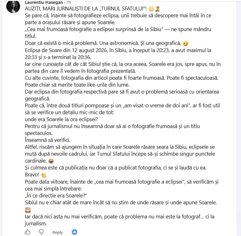 Comentariul de pe pagina de Facebook a turnulsfatului.ro