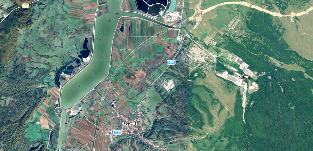 În zona lacului de acumulare Racovița, șantierul autostrăzii ajunge aproape de Olt. Foto: Google Maps