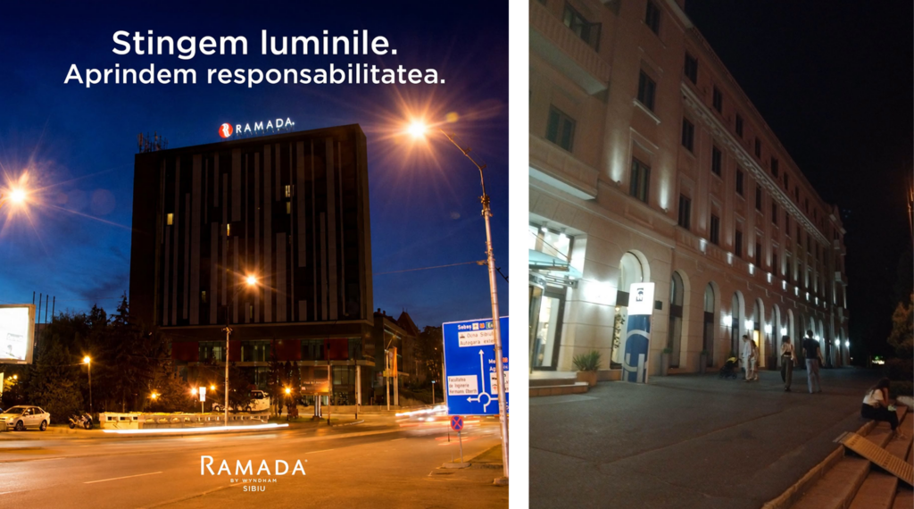 Iluminatul exterior al hotelurilor Ramada și Continental Forum, întrerupt pentru conservarea energiei. Foto colaj: Ramada și Continental Forum/Facebook