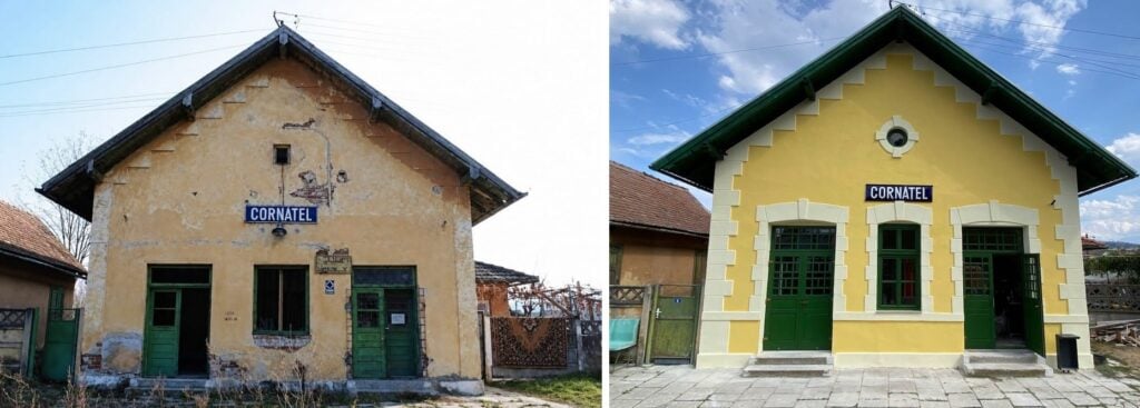 Gara înainte și după renovare/Foto: Colaj turnulsfatului.ro