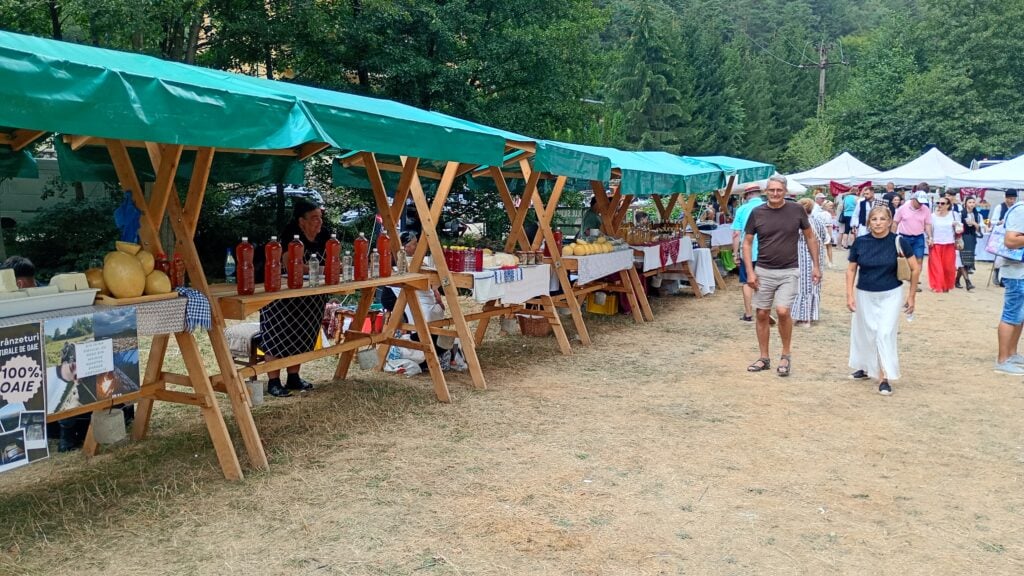 Standuri cu produse tradiționale la Festivalul Brânzei și al Țuicii. Foto: turnulsfatului.ro
