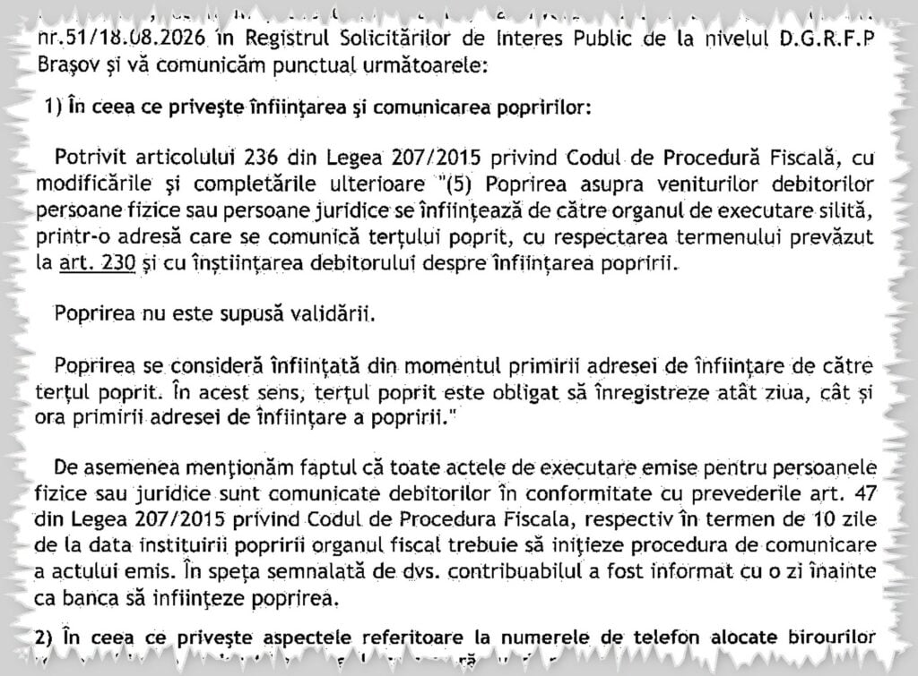 Fiscul arată că degeaba s-a supărat sibianca, și invocă faptul că „așa e legea”. Foto: captură răspuns Direcția Regională a Finanțelor Publice Sibiu