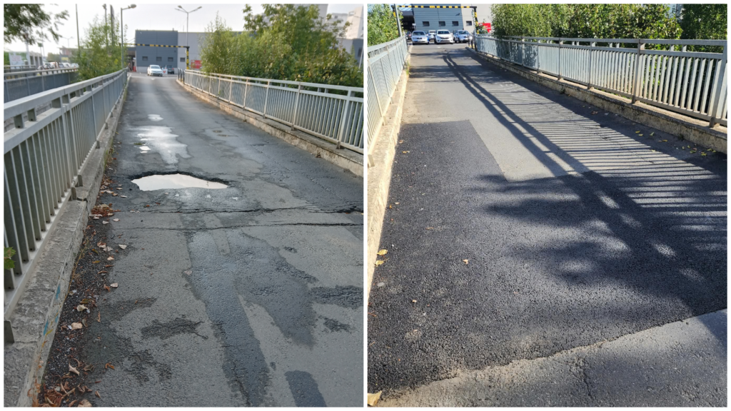 Groapa de pe podul de la Kaufland Șelimbăr a fost reparată după mai multe demersuri către Primăria Sibiu. Foto: turnulsfatului.ro