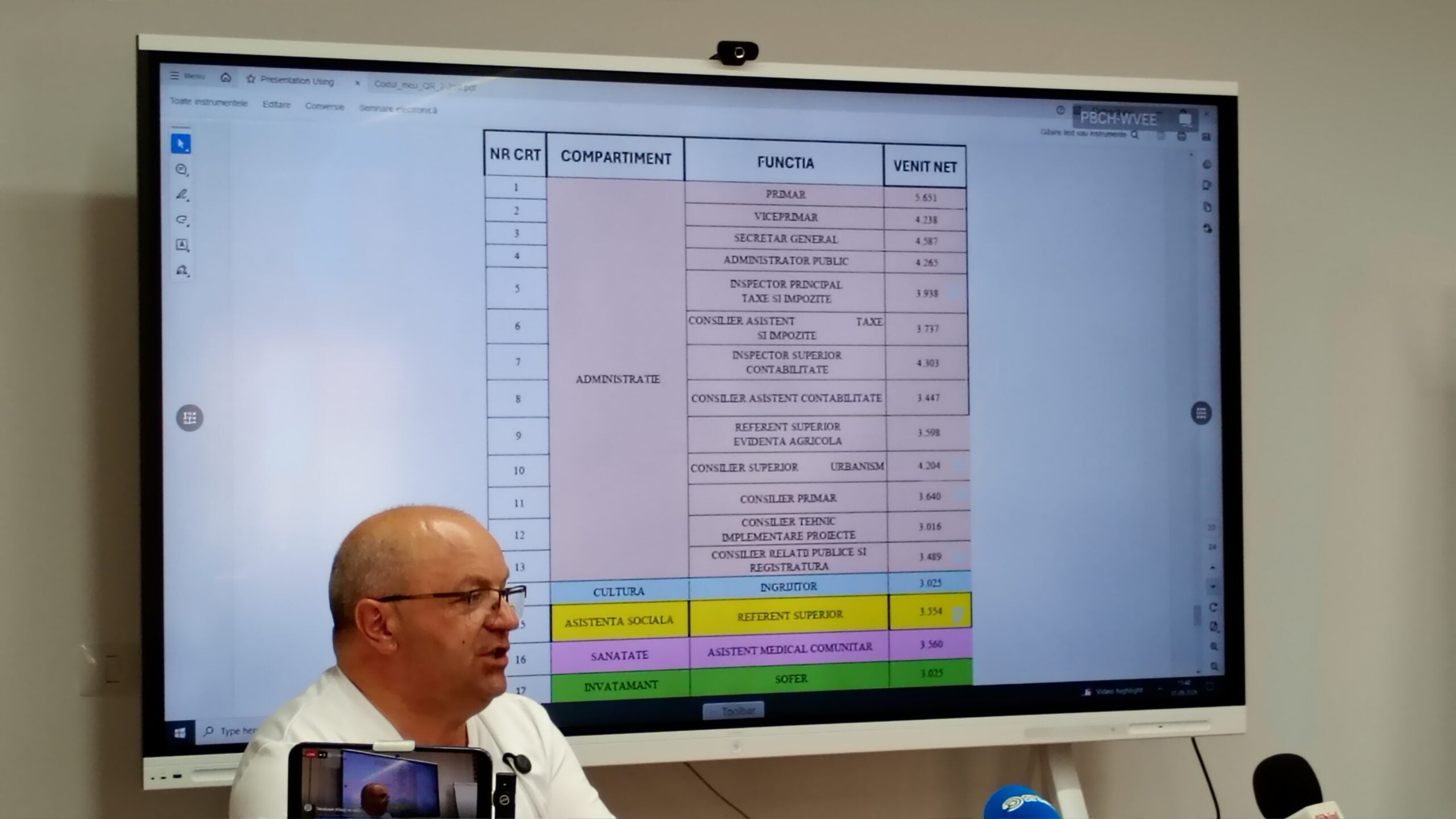 Valentin Ivan prezintă lista salariilor angajaților din administrația locală. Foto: turnulsfatului.ro