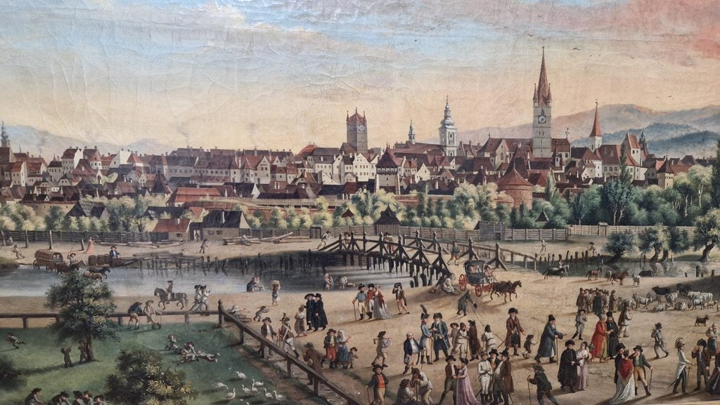 Detaliu din tabloul „Sibiul la 1808”, semnat de pictorul și graficianul de origine vieneză Franz Neuhauser cel Tânăr (1763–1836) și aflat în MN Brukenthal. Foto: Turnulsfatului.ro